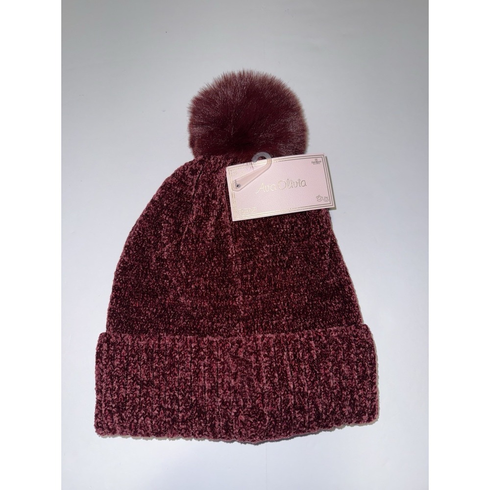 Ava Olivia Girls Chenille Beanie Hat Faux Fur Pom Pom Burgundy Gloves Cold NWT